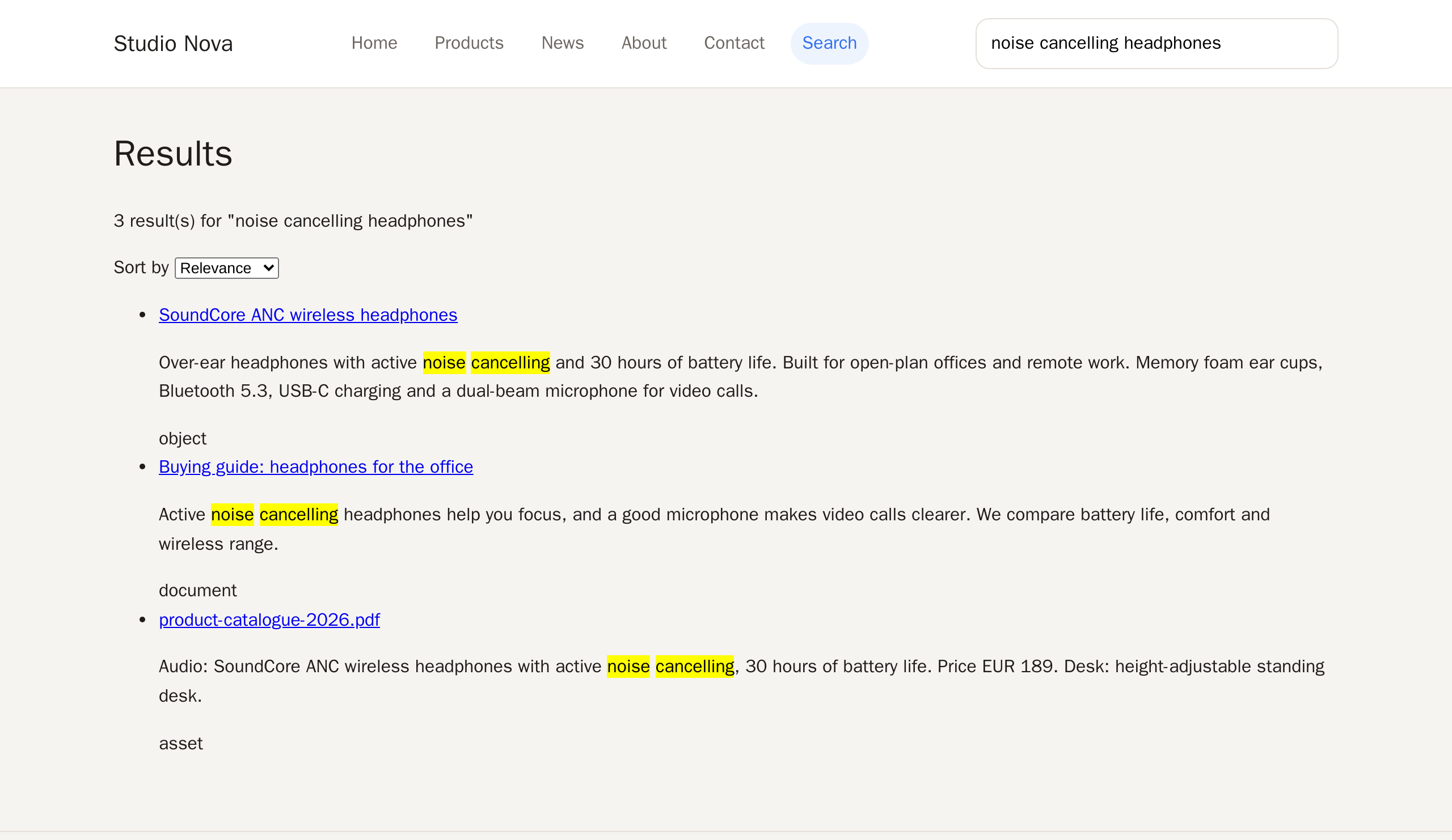 Search results page rendered by the bundle: three hits for noise cancelling headphones (a product object, a document and a PDF asset) with the matched words highlighted.